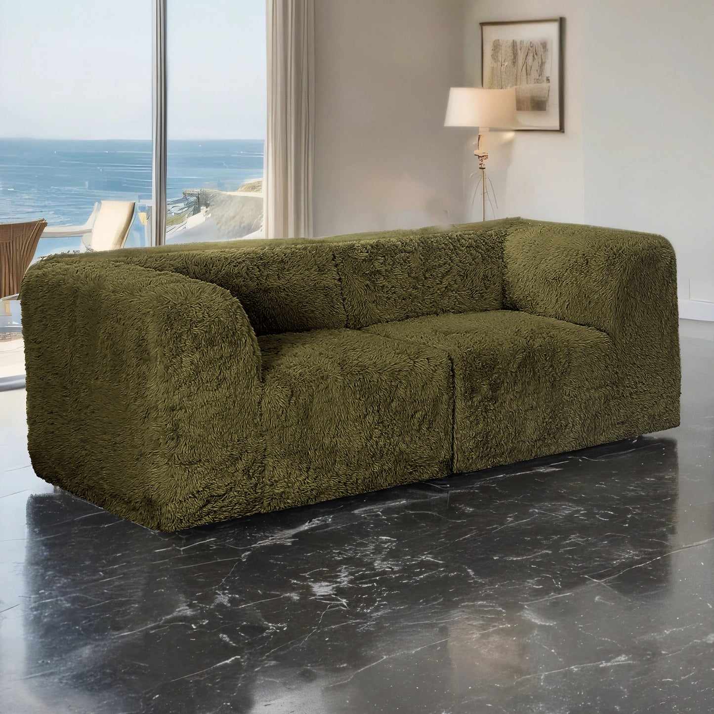 Montague Faux Fur Corner Wedge Pair – 80" Olive Green Modular Sectional Piece