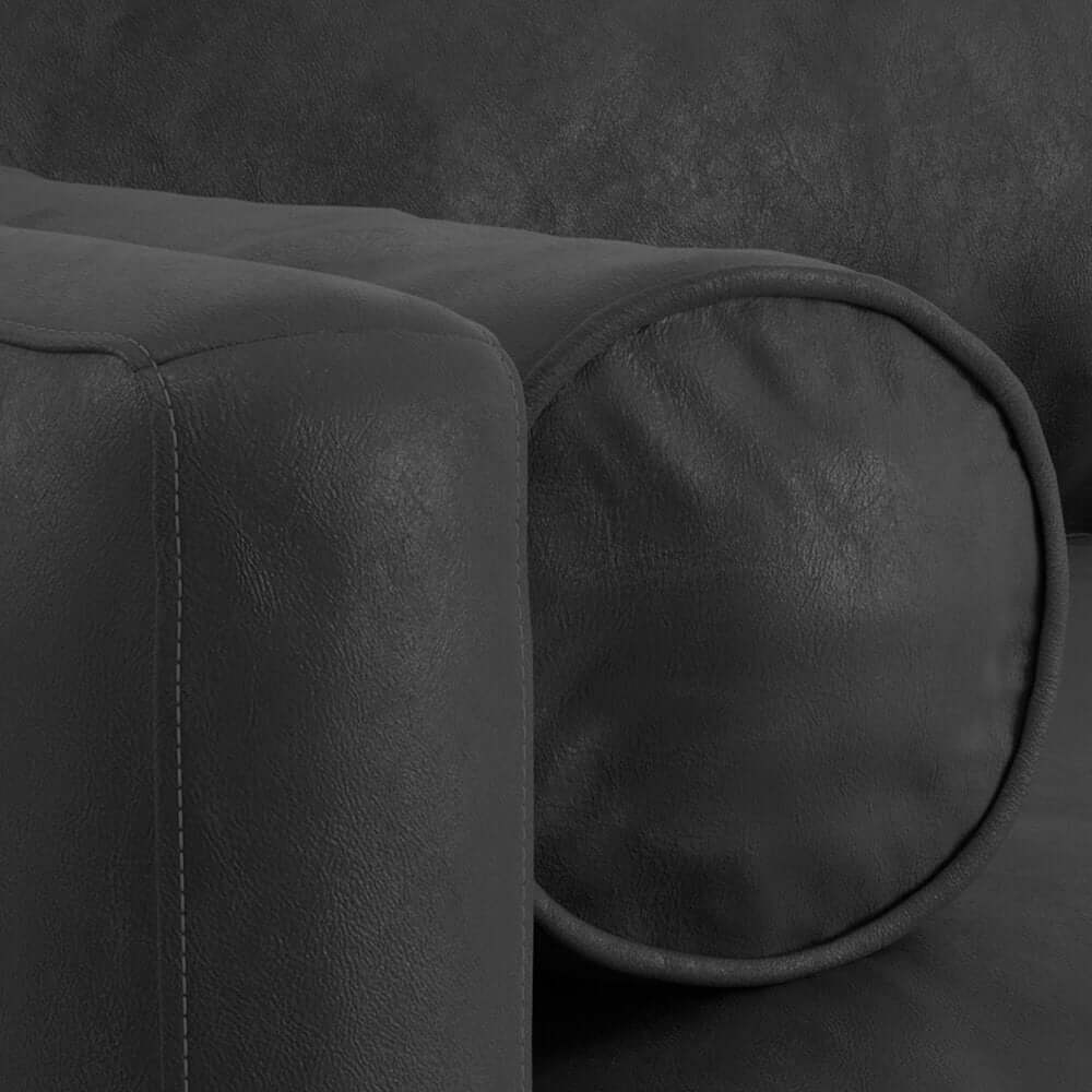 89" Black Leather Sofa With Brown Legs close-up of plush texture and luxurious leather finish