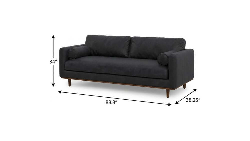 89" Black Leather Sofa With Brown Legs dimensions 88.8" width, 34" height, 38.25" depth, stylish modern design