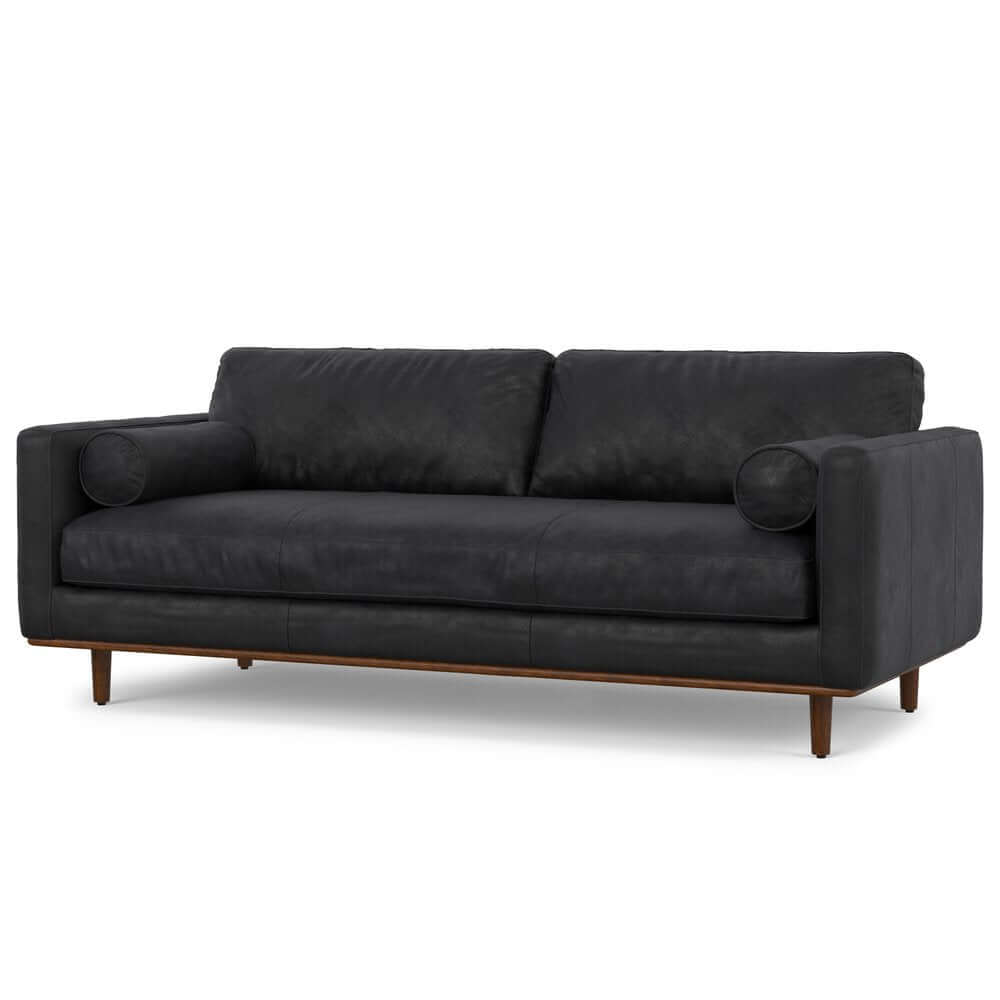89" Black Leather Sofa With Brown Legs featuring elegant design and plush cushioning for luxurious comfort.