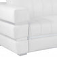 89" White Italian Leather Sofa With Silver Legs corner detail showcasing supple leather and sleek design.