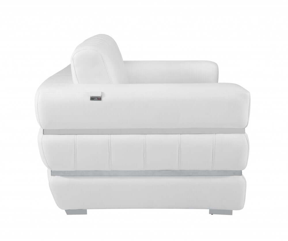 89" White Italian Leather Sofa With Silver Legs side view showcasing sleek design and premium leather upholstery.