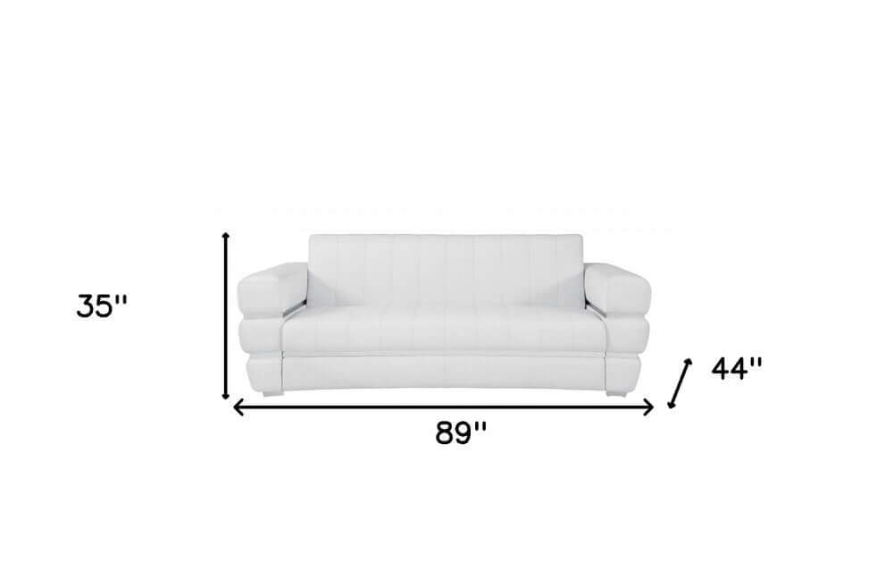 89" White Italian Leather Sofa With Silver Legs dimensions measuring 89"x35"x44" for a stylish living space.