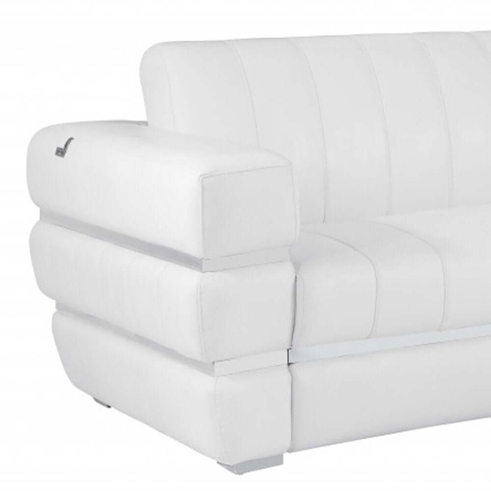 89" White Italian Leather Sofa With Silver Legs featuring plush seating and elegant design.