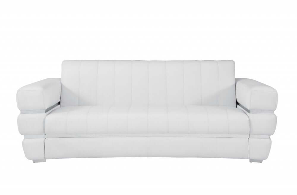 89" White Italian Leather Sofa With Silver Legs, luxurious design with supple leather upholstery and elegant appeal.