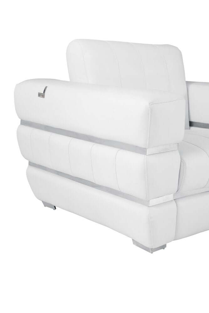 89" White Italian Leather Sofa With Silver Legs armrest detail showcasing premium leather texture and elegant design.
