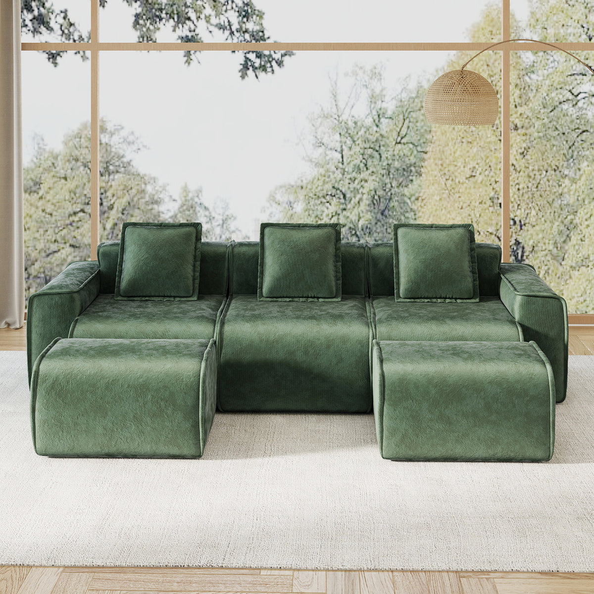 Streamlined Design Modular 3 Seat U Shape Sectional Boneless Sofa with French Edge Piping