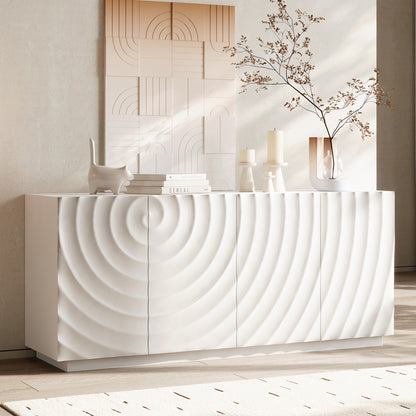 Leander White Wave Texture Sideboard – 59" 4-Door Buffet Cabinet with Shelves