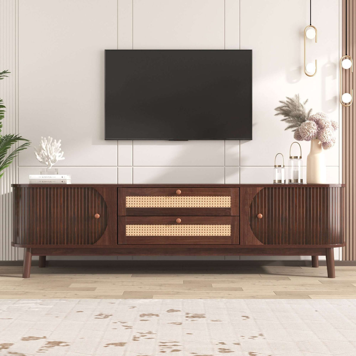 MCM Styled TV Stand Entertainment Center Solid Wood & MDF, Brown 67" - Revel Sofa 