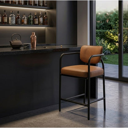 Isadora Cognac Upholstered Counter Height Stool – 35.5" Iron Frame Stool with Arms