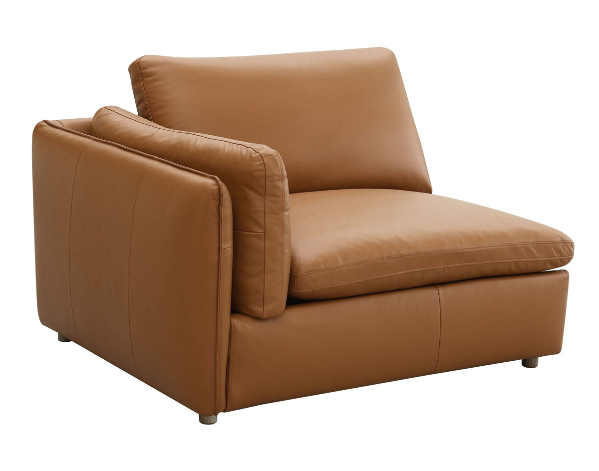 Brighton Top Grain Leather Low Profile Modular Sofa in tan color, showcasing modern design and luxurious comfort.