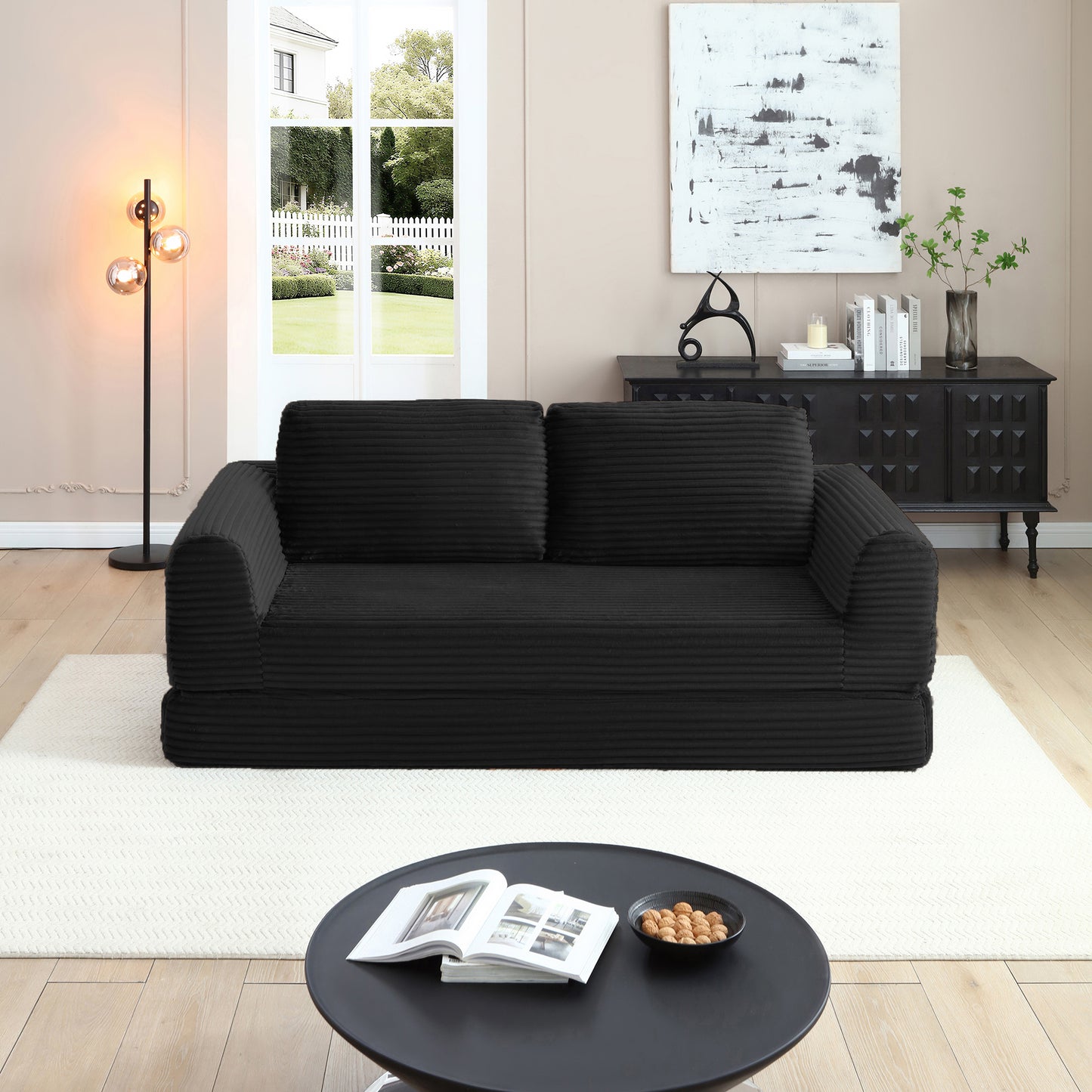 Dunbar Corduroy Folding Sofa Bed – 3-Seat Convertible Floor Futon, Black