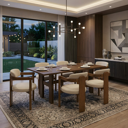 Imogen Walnut & Dark Brown 7-Piece Dining Set – 71" Table with 6 Curved-Back Armchairs