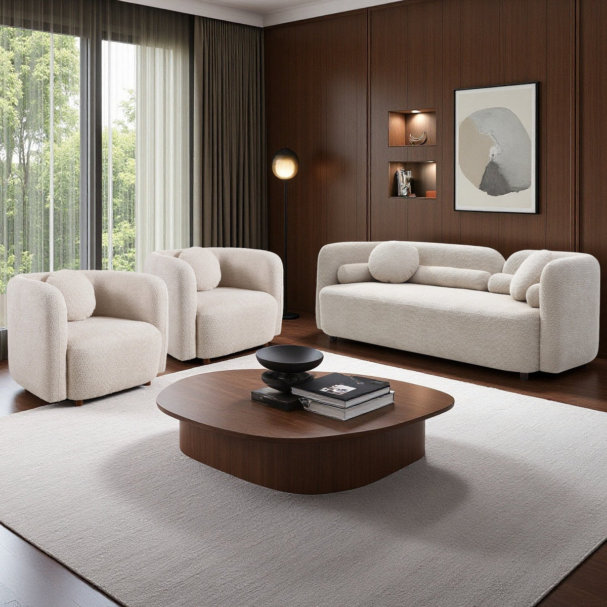Gethin Boucle Sofa Set in Light Beige, Sofa + 2 Square Chairs