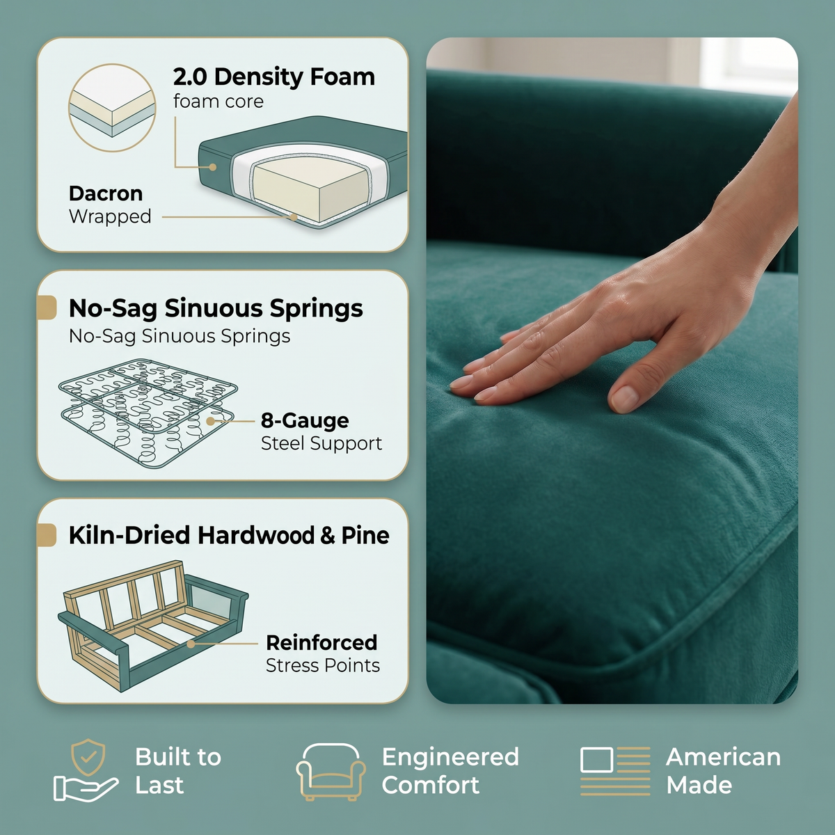 Irlanda Classic Sofa – 92" Rolled-Arm Made-in-USA Sofa - Velvet Antique Kelly Green - Velvet (13)