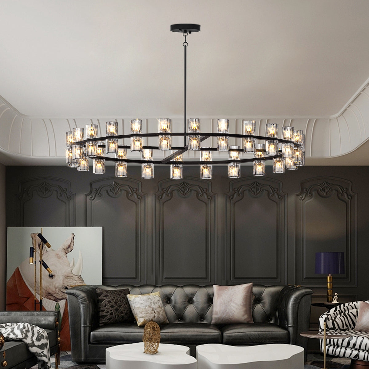 48 Inch Luxury Crystal Chandelier, Living Room Decorative Light, Simple Modern Dining Room LED Lighting, Bulbs Included, Black