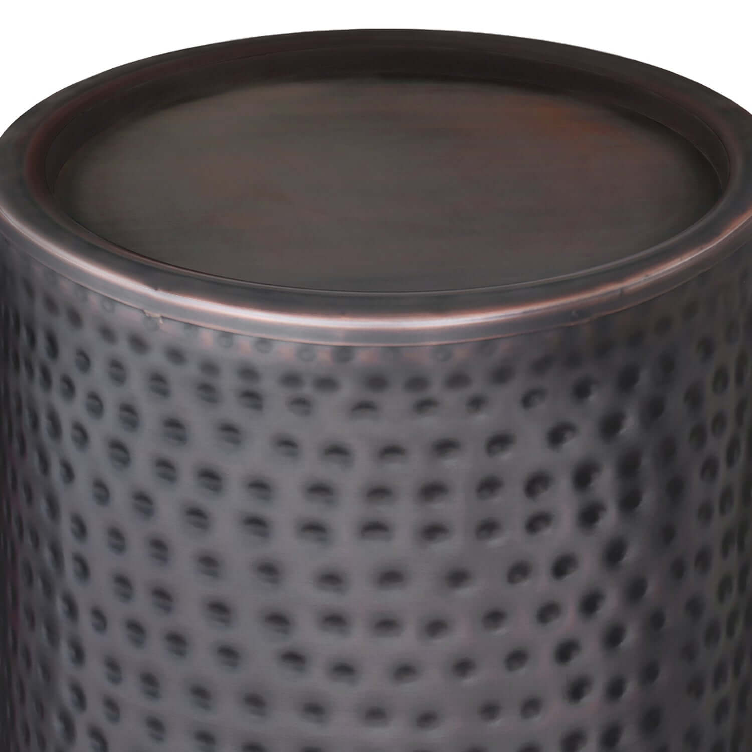 Corbin Hammered Antique Metal Cylindrical Side Table in rich antique copper finish, showcasing a hand-hammered texture.