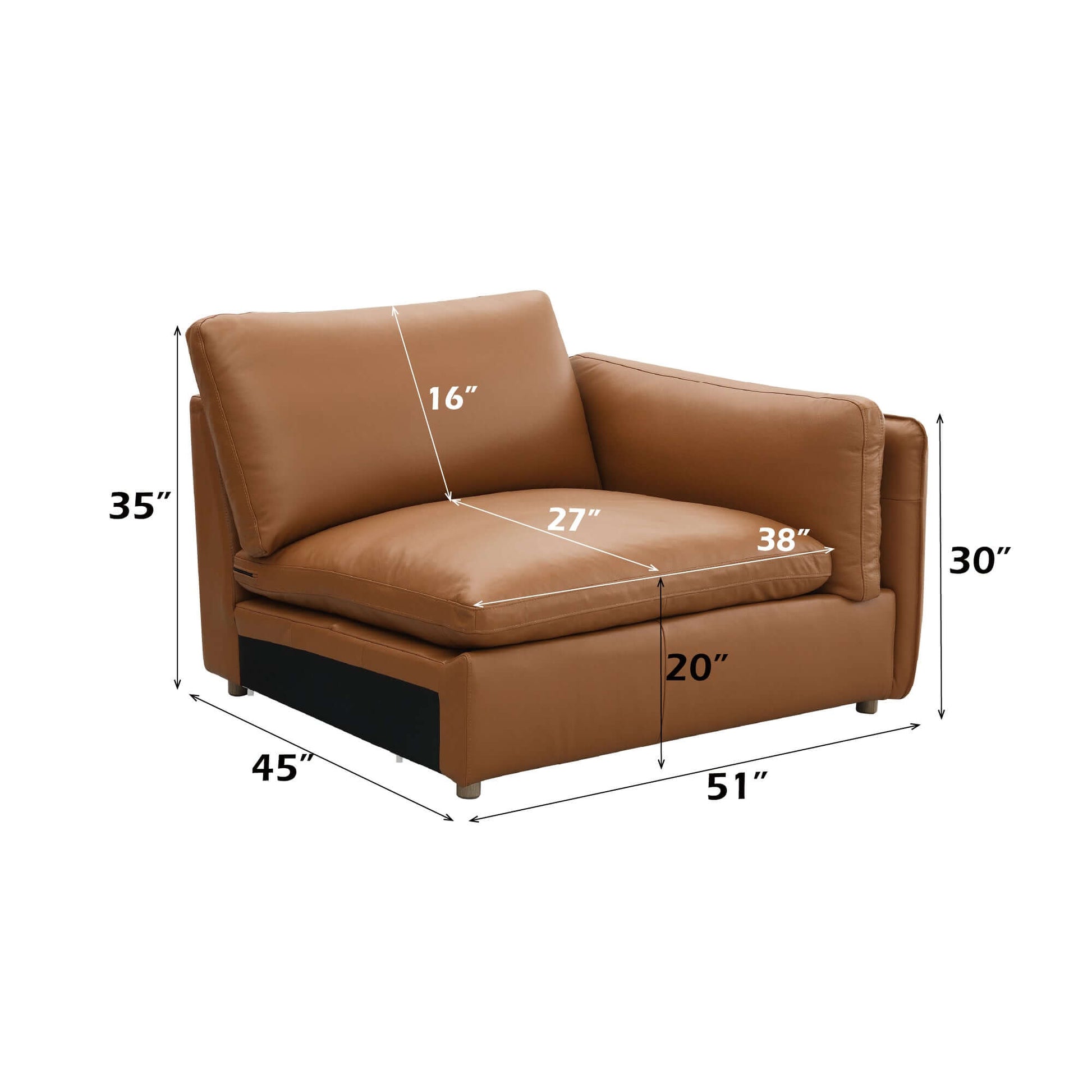Brighton Top Grain Leather modular chair with dimensions, modern design, and luxurious brown upholstery.