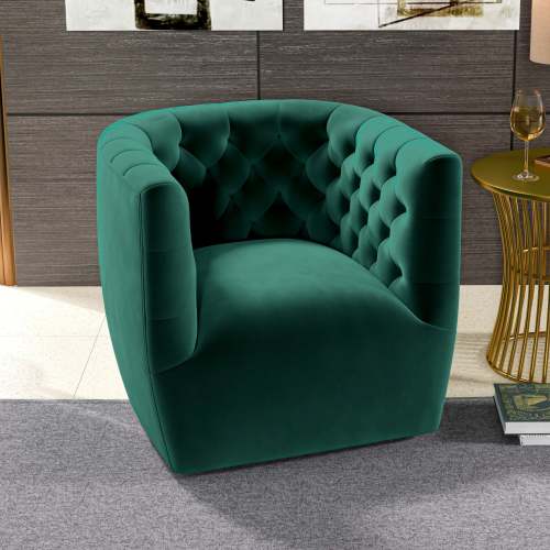 Delaney Tufted Swivel Barrel Chair – Modern Accent Chair (Multiple Colors & Fabrics) in green velvet upholstery.