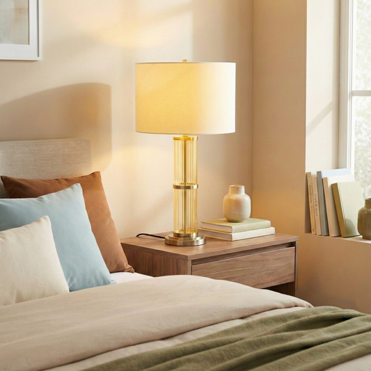 Echo Brushed Nickel Table Lamp – 30" Clear Glass Body Lamp with Linen Shade