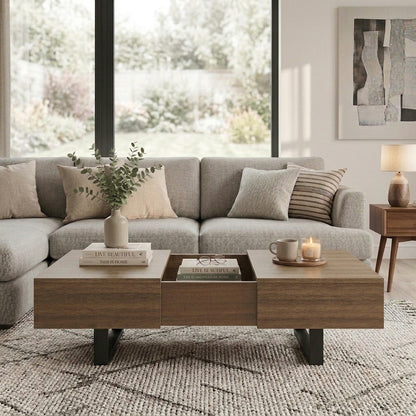 Larchmont Walnut Sliding-Top Coffee Table – 42.8" Mid-Century Table with Hidden Storage