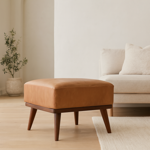 MCM Buffalo Tan Leather Ottoman 20" – Square Leather Footstool & Accent Seat, rich leather and mid-century design