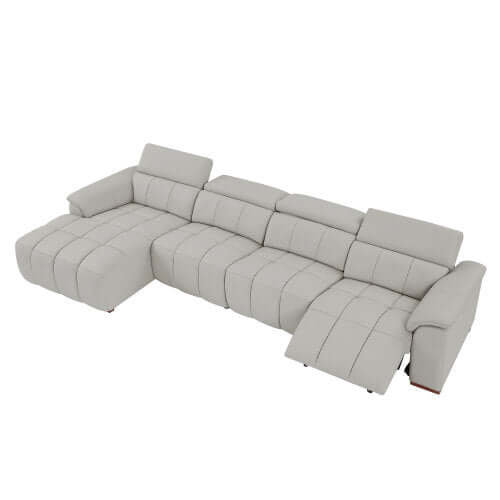 Wall-Hugger Power Reclining Leather Sectional – 4 Seat L-Shape Recliner Sofa with USB (144") in light grey upholstery.