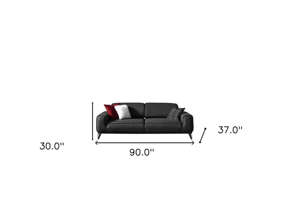 90" Dark Gray Linen Sleeper Sofa And Toss Pillows With Silver Legs dimensions and design layout.