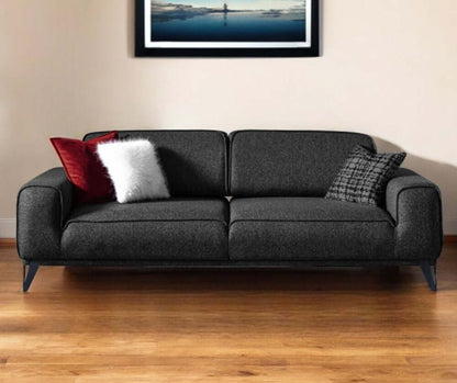 90" Dark Gray Linen Sleeper Sofa And Toss Pillows With Silver Legs in stylish living room setting.