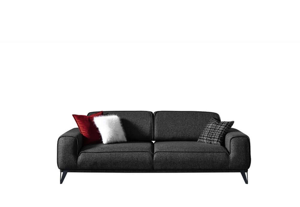 90" Dark Gray Linen Sleeper Sofa And Toss Pillows With Silver Legs featuring decorative pillows.