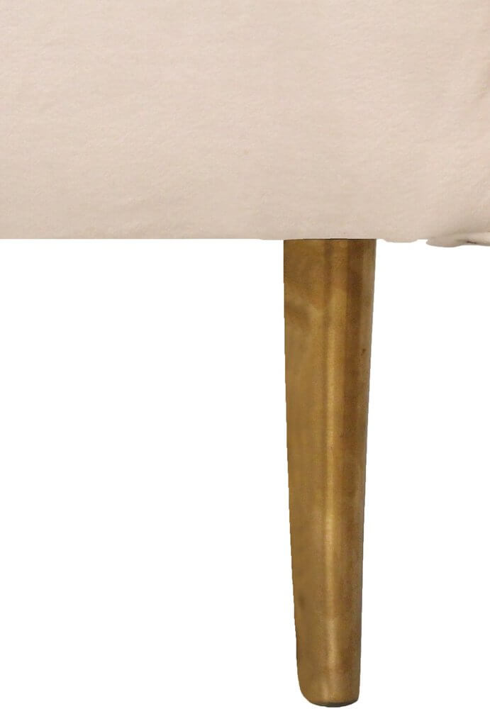 90" Ivory Velvet Sofa And Toss Pillows With Gold Legs close-up of gold leg and upholstery detail.