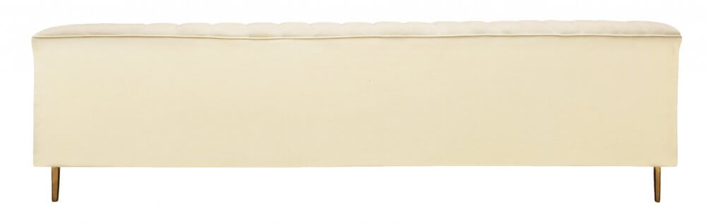 90" Ivory Velvet Sofa And Toss Pillows With Gold Legs - Elegant back view of plush velvet upholstery.