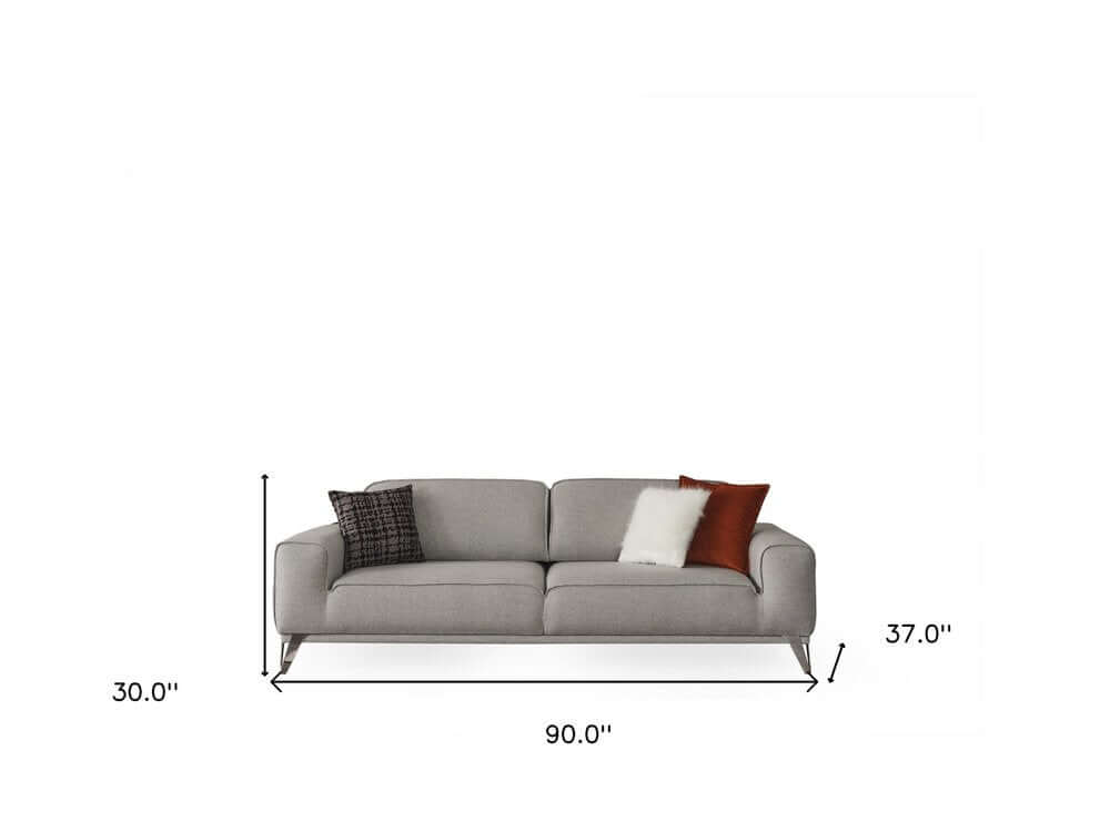90" Linen Linen Sleeper Sofa And Toss Pillows With Silver Legs in gray with decorative pillows, dimensions 90"x37"x30".