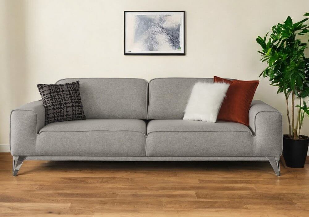 90" Linen Linen Sleeper Sofa And Toss Pillows With Silver Legs in a modern living room setting.