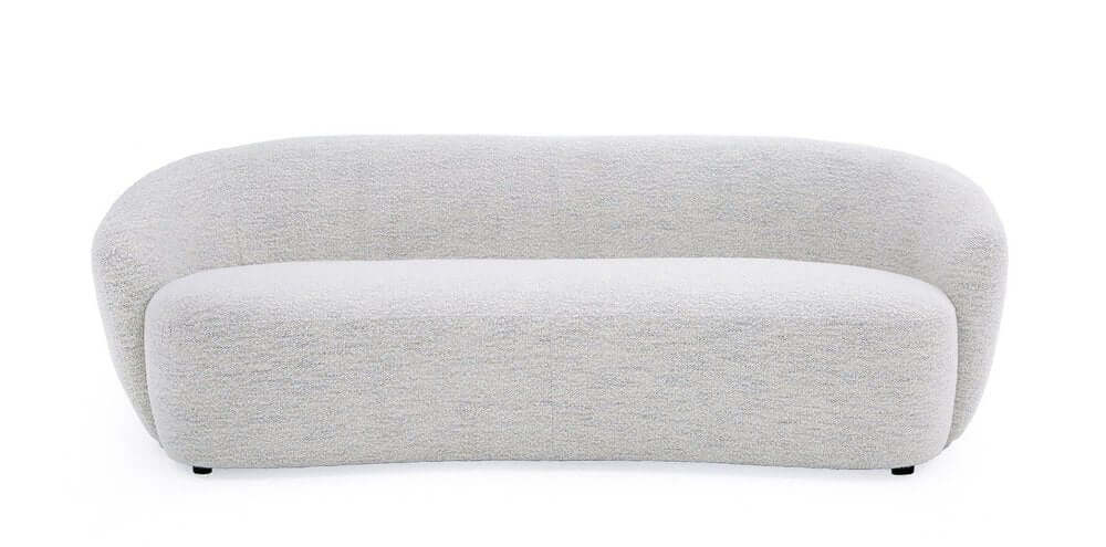 90" Off White Fabric Sofa With Black Legs featuring a modern design and round arms for comfort.