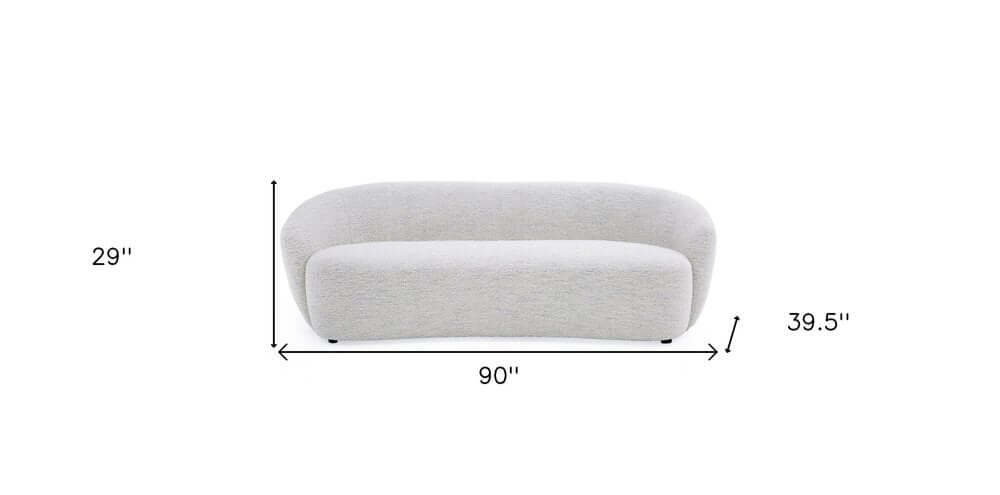 90" Off White Fabric Sofa With Black Legs, showing dimensions of 90" x 39.5" x 29".