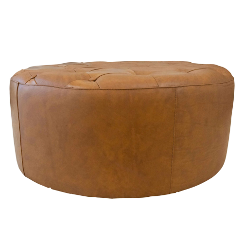 Seletar Round Button Tufted Leather Ottoman – 37” Genuine Leather Ottoman (MCM Style, Multi-Functional) in rich tan leather.