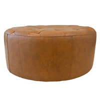 Seletar Round Button Tufted Leather Ottoman – 37” Genuine Leather Ottoman (MCM Style, Multi-Functional) in rich tan leather.