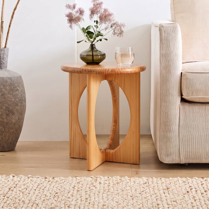 Natural Pine Wood Round End Table - Modern Geometric Cross-Leg Accent Side Table