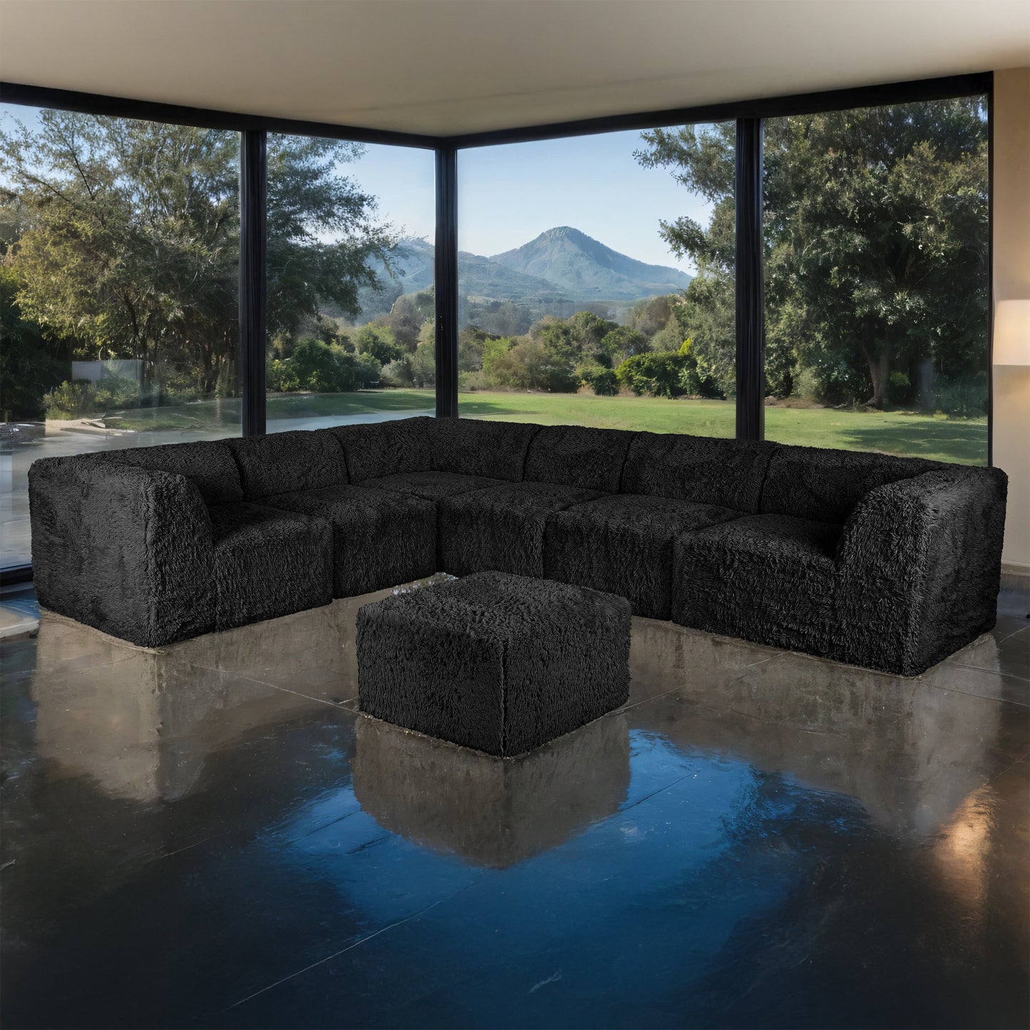 Tanwen Faux Fur Modular L-Sectional – 134" Black Corner Sectional Sofa