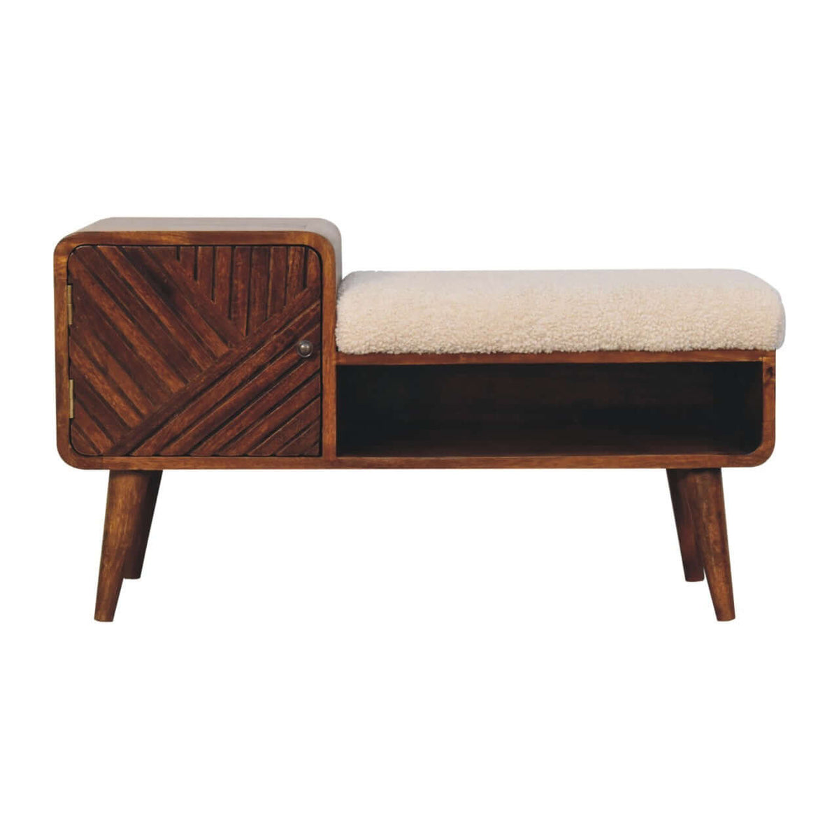 Artisan Solid Mango Wood Boucle Padded Storage Bench 35'