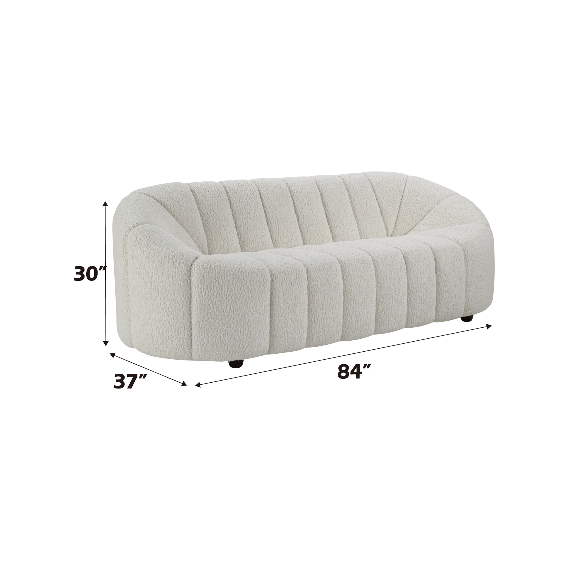 White teddy sherpa sofa dimensions showing 84 inches wide by 30 inches high and 37 inches deep.