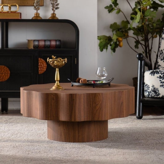 Pell Walnut Scalloped Round Coffee Table