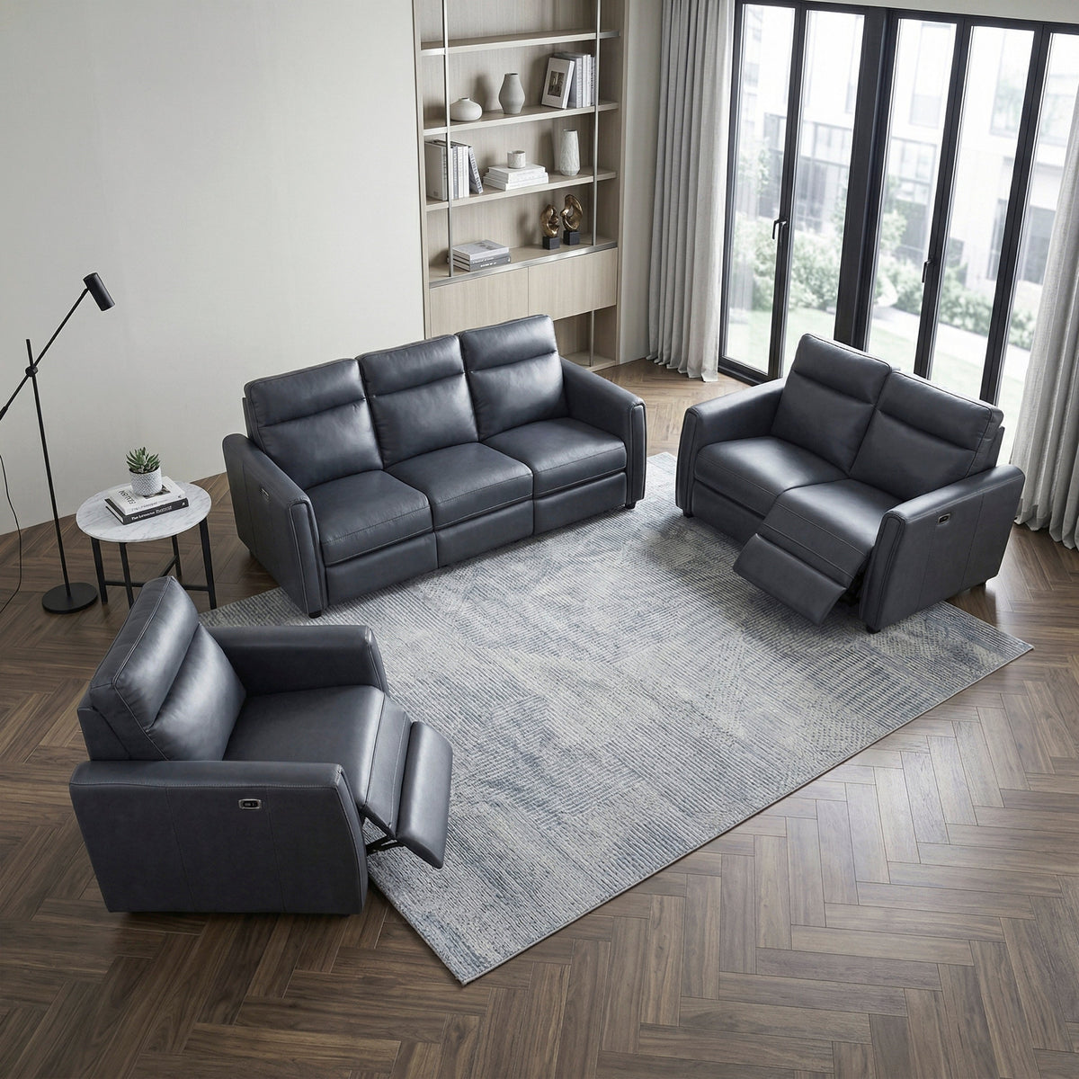 Ardley power reclining sofa, loveseat and chair set in navy faux leather