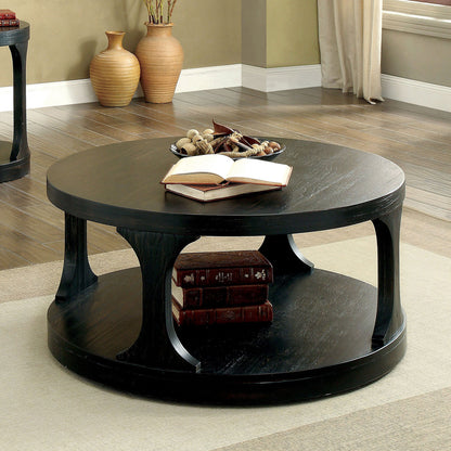 Bexley Antique Black Round Coffee Table – 36" Solid Wood with Storage Shelf