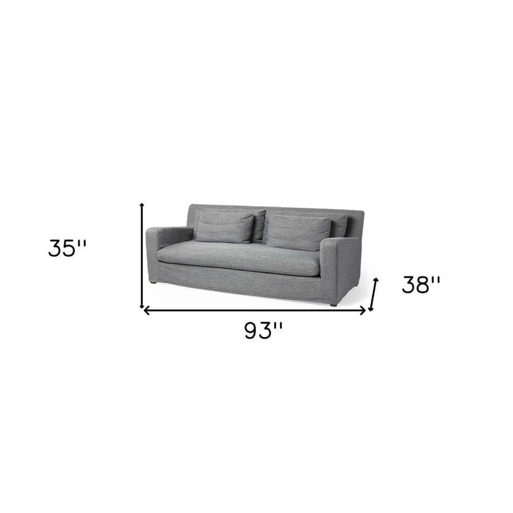 93" Dark Gray Slipcovered Fabric Sofa with Toss Pillows | Modern Upholstered Couch showcasing dimensions 93" x 38" x 35".