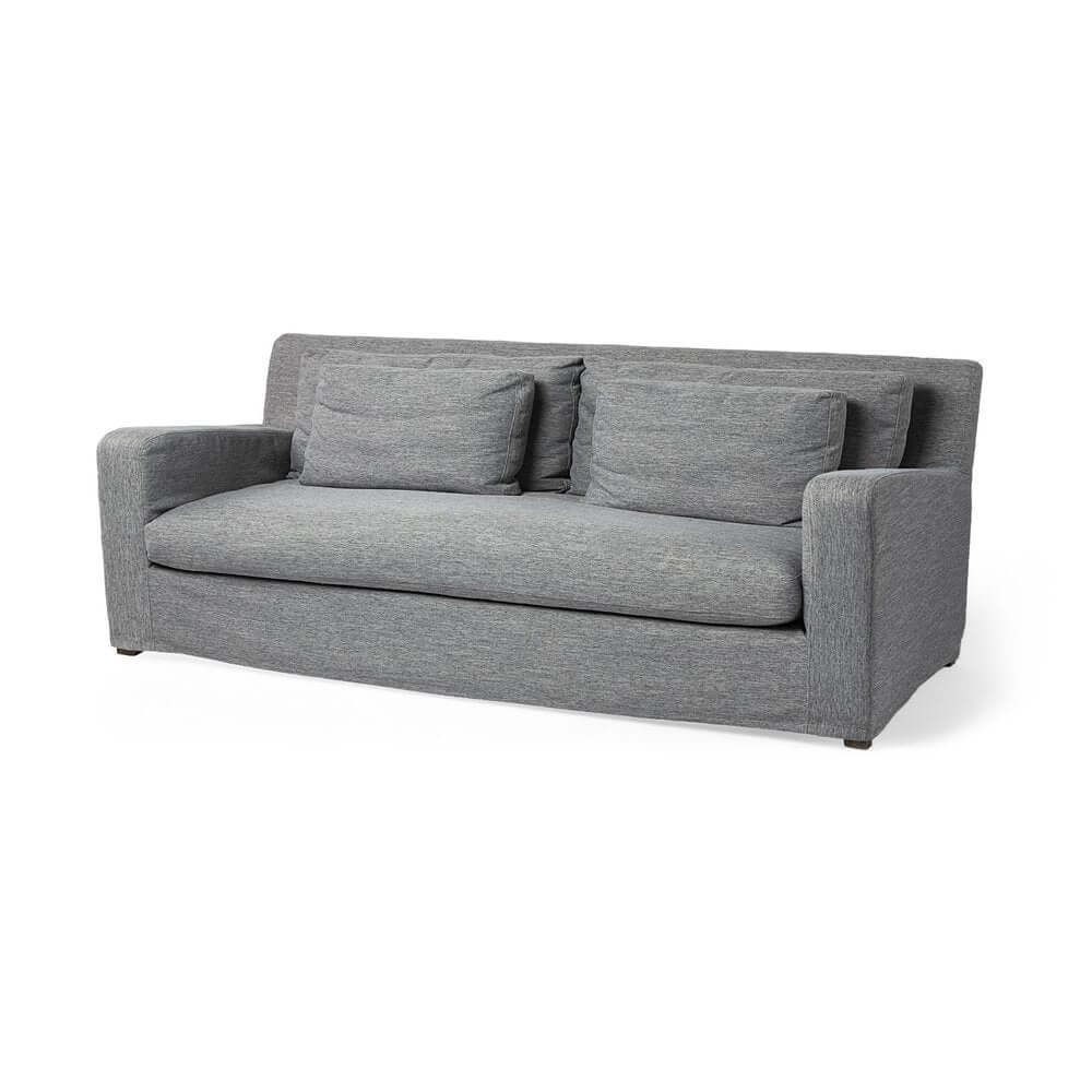 93" Dark Gray Slipcovered Fabric Sofa with Toss Pillows | Modern Upholstered Couch showcasing relaxed comfort and modern design.