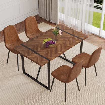 Darby Herringbone & Brown Fabric Dining Set – 55" Table with 4 Chairs, 5-Piece Dining Set