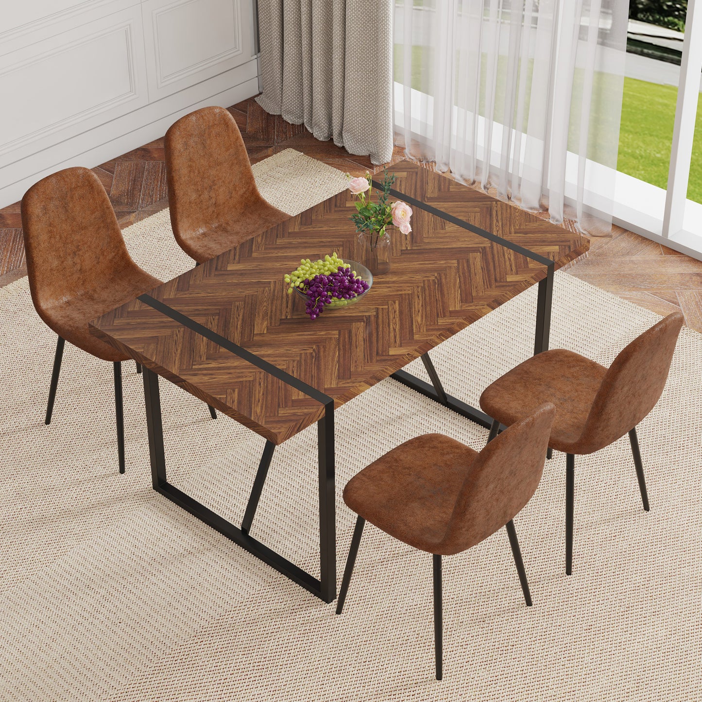 Darby Herringbone & Brown Fabric Dining Set – 55" Table with 4 Chairs, 5-Piece Dining Set