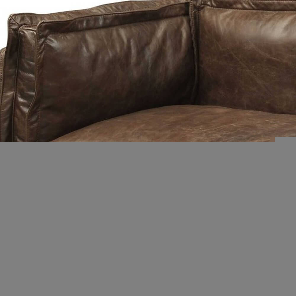 Close-up view of the 94" Chocolate Top Grain Leather Sofa With Dark Brown Legs showcasing luxurious leather texture.